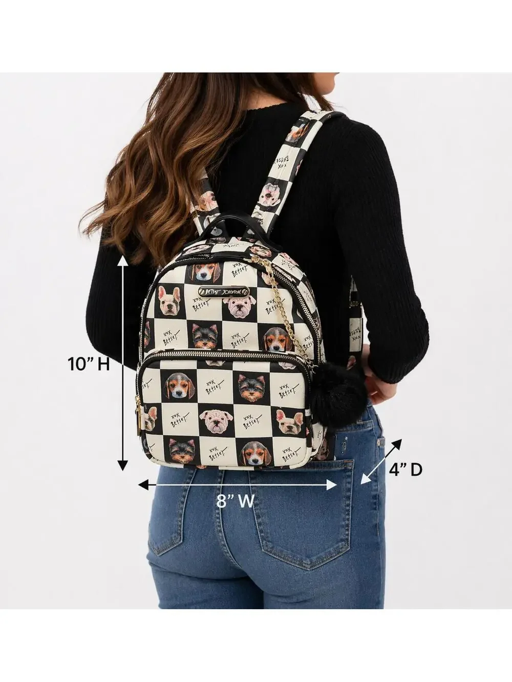 Betsey Johnson Dog Mini Backpack Black White Puppy Print Pom Charm Bag